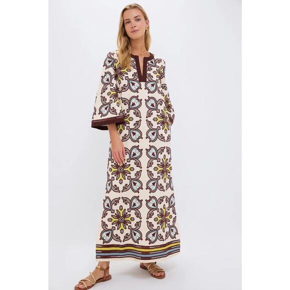 TUCKERNUCK Citron and Slate Blue Embroidered Lorena Caftan Size L NWT - Picture 1 of 6